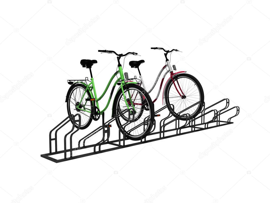 Two bicycles with bicycle stop 3D render on white background no 