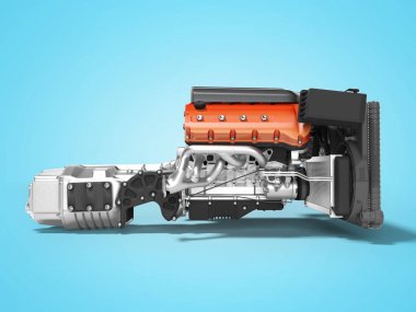 Şanzıman yan görünümü 3d gölge ile mavi arka plan üzerinde render ile hava filtreleri ile araba motoru