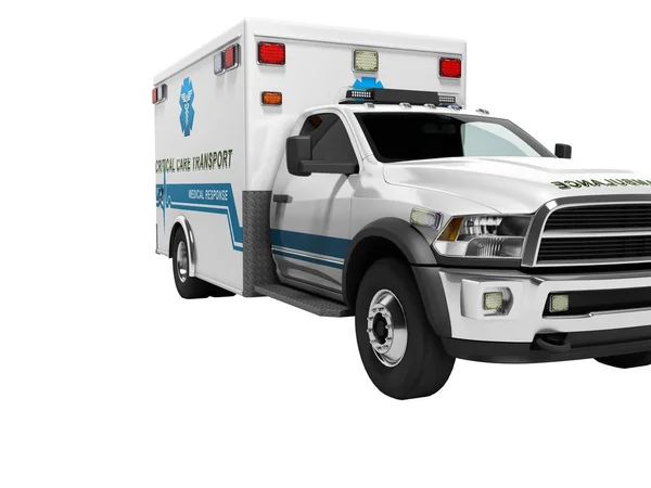 Ambulanza con accenti blu rendering 3d su sfondo bianco no sha — Foto Stock
