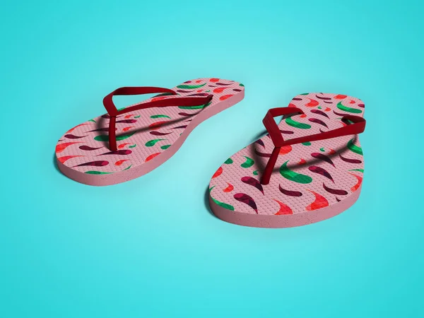 Roze slippers met kleur patroon voor het strand 3D renderen op blauw — Stockfoto