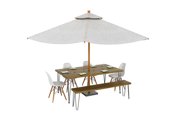 Conceito guarda-chuva de verão com mesa e cadeiras para piquenique 3d rend — Fotografia de Stock
