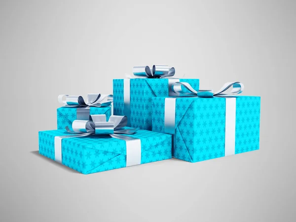 Moderne vier blaue Geschenke gebunden auf Bogen 3d Render auf grauem Hintergrund — Stockfoto