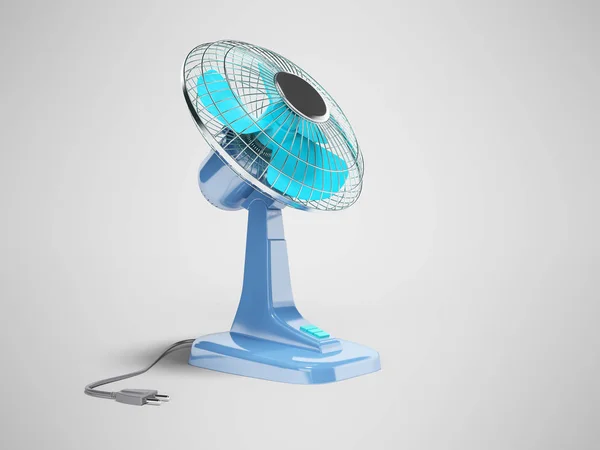 Μπλε ανεμιστήρας για να κρυώσει η επιφάνεια εργασίας του γραφείου 3D απόδοση σε γκρι φόντο — Φωτογραφία Αρχείου