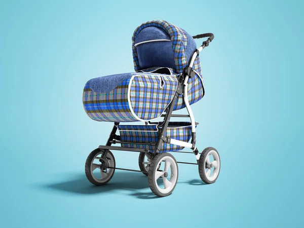 Голубая коляска с джинсовыми вставками для малыша 3D рендеринга на синей спине — стоковое фото