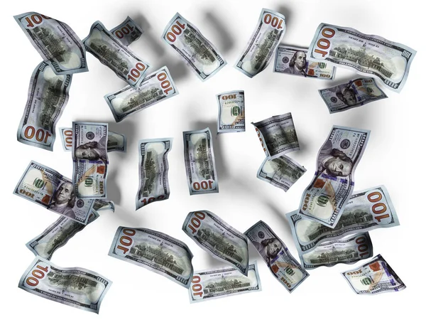 Concepto de billetes de cien dólares caen en el piso 3d rendir en whi —  Fotos de Stock