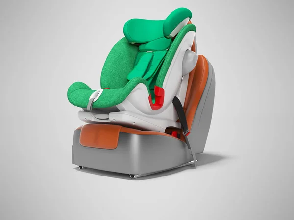 Зеленое детское автокресло для ребенка 3D рендеринг на сером фоне — стоковое фото