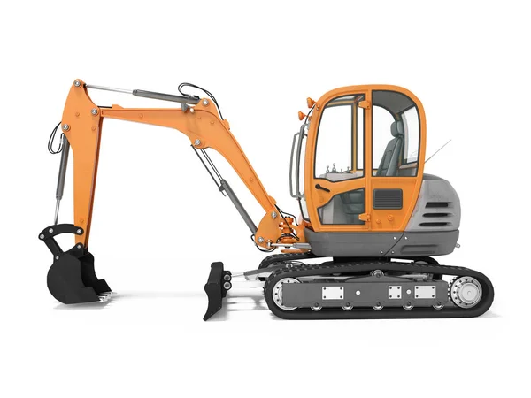 Orange mini tracked excavator left view 3d render on white backg — Stock Photo, Image