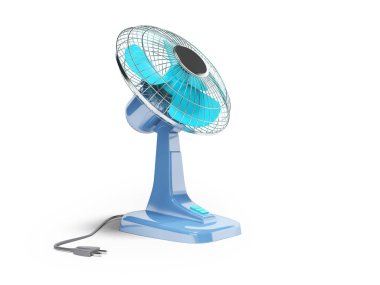 Mavi fan beyaz backgroun ofis masaüstü 3d render soğutmak için