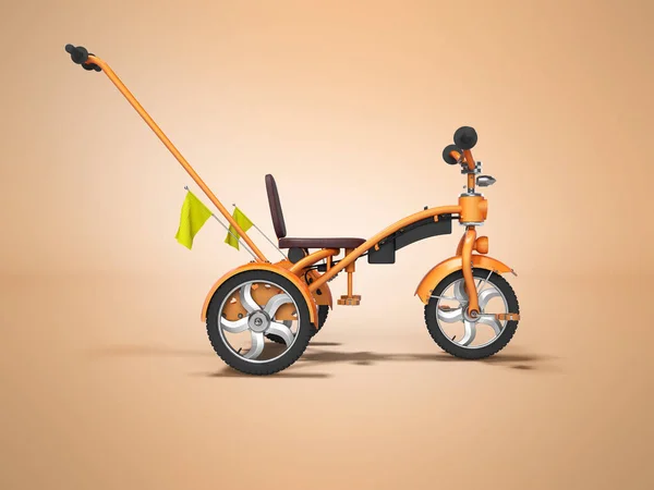 Orange kids bike with telescopic handle side view 3d render on o