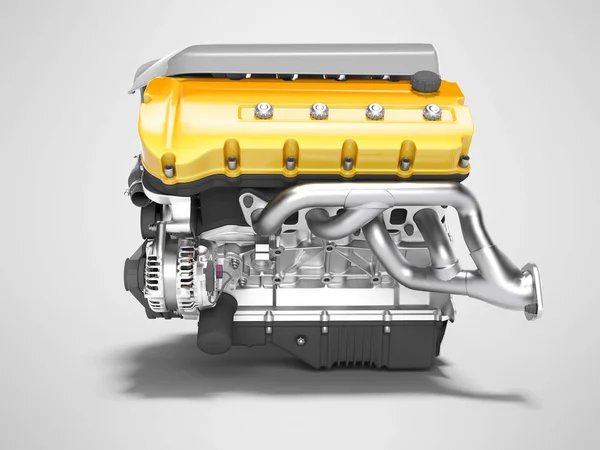 Auto motor gietijzer geel met starter links weergave 3D renderen op — Stockfoto