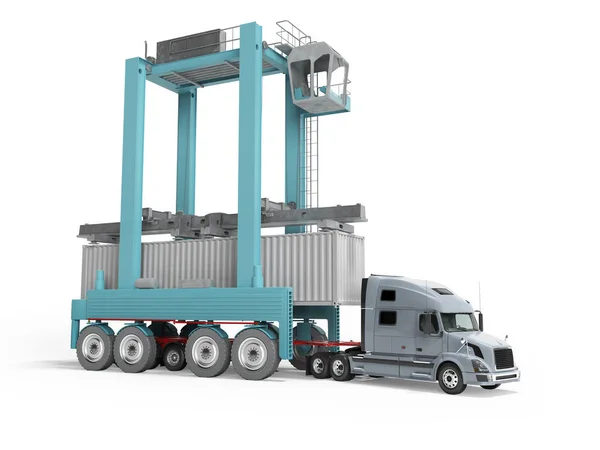 트럭 3D R에 파란색 크레인화물 컨테이너를적재의 개념 — 스톡 사진