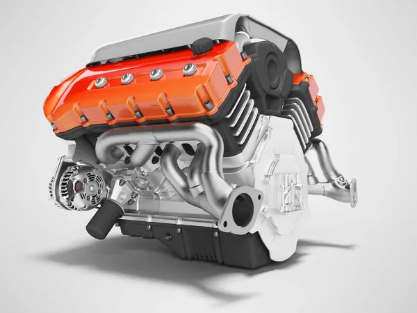 Auto motor gietijzer rood met starter 3D renderen op grijze backgrou — Stockfoto