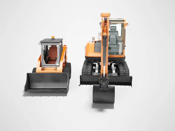 Oranje mini rupsgraafmachine en mini loader vooraanzicht 3D rend — Stockfoto