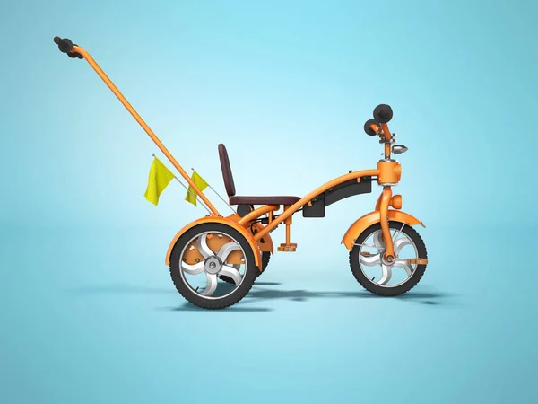 Orange kids bike with telescopic handle side view 3d render on b