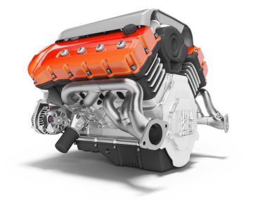 Beyaz backgro üzerinde marş 3d render ile araba motoru dökme demir kırmızı