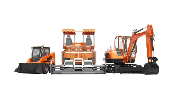 Groep van Oranje zware machines Bobcat graafmachine paver met Buck — Stockfoto