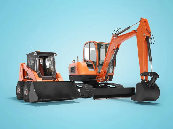 Orange mini excavator tracked on rubber run and mini loader on w — Stock Photo, Image