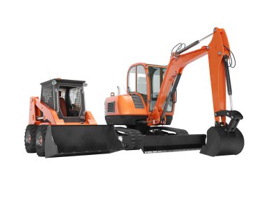 Orange mini excavator tracked on rubber run and mini loader on w clipart