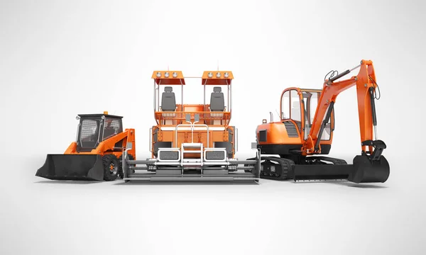 Groep van Oranje zware machines Bobcat graafmachine paver met Buck — Stockfoto