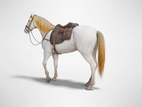 Cavalo branco com freio isolado renderização 3d no fundo cinza wi — Fotografia de Stock