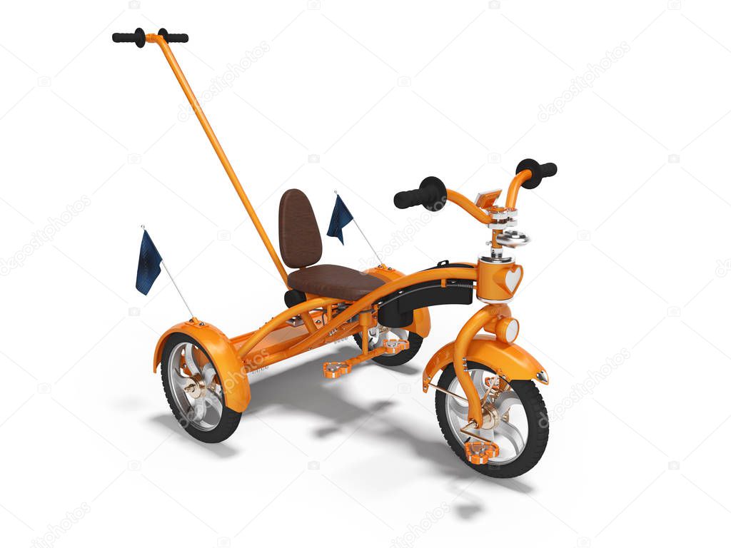 Orange childrens bike with telescopic handle for parents 3d rend