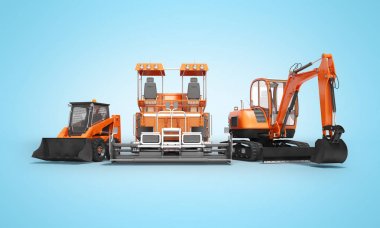 Gölge ile mavi arka plan üzerinde kova 3d render ile turuncu ağır makine bobcat ekskavatör asfalt paver Grubu
