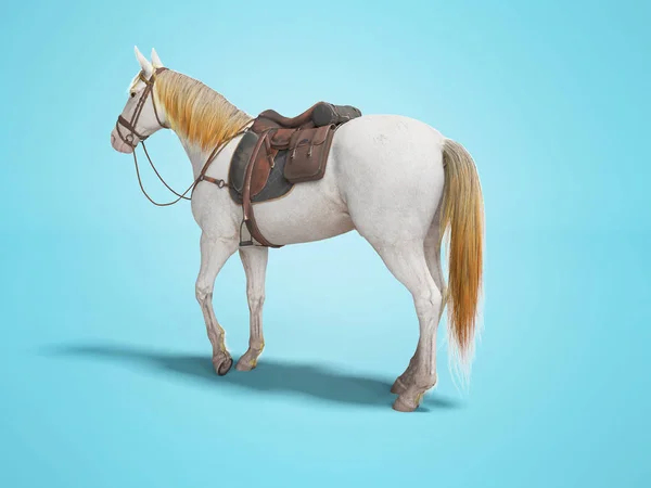 Cavalo branco com freio isolado renderização 3d no fundo azul wi — Fotografia de Stock
