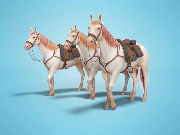 ブライドルの3頭の馬は、シャッドと青い背景に3Dレンダリングを行く — ストック写真