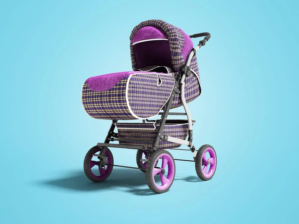Fioletowy wózek spacerowy z koszykiem tkaniny dla dziecka na białym tle renderowania 3D — Zdjęcie stockowe