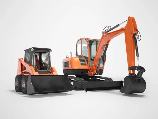 Orange mini excavator tracked on rubber run and mini loader on w — Stock Photo, Image