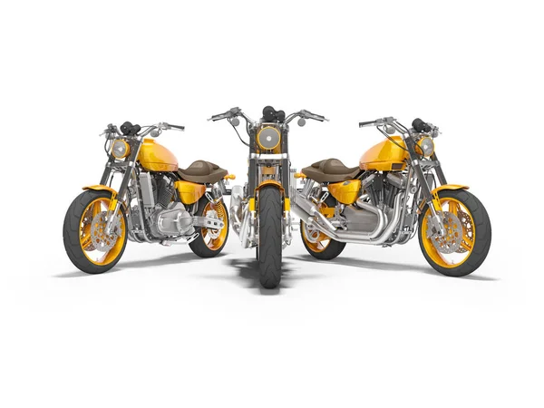 Group of orange motorcycles front view 3d render on white backgr