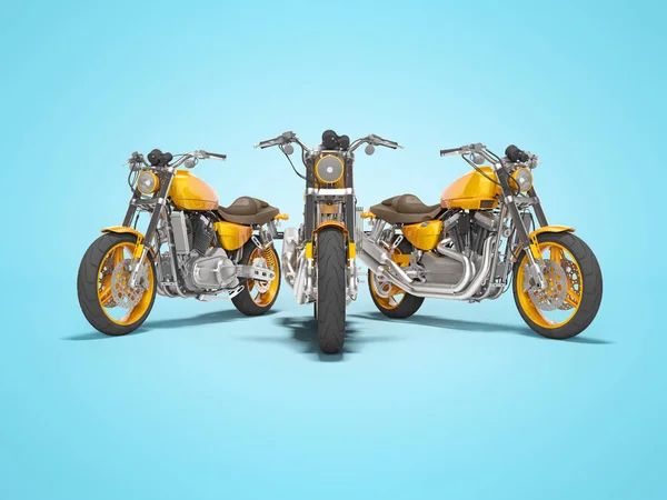 Group of orange motorcycles front view 3d render on blue backgro