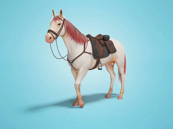 Cavalo branco com freio com crina vermelha e cauda 3d render no fundo azul com sombra — Fotografia de Stock