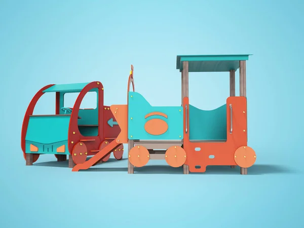 Красный синий автомобиль и поезд игровая площадка для детей с горкой 3D рен — стоковое фото