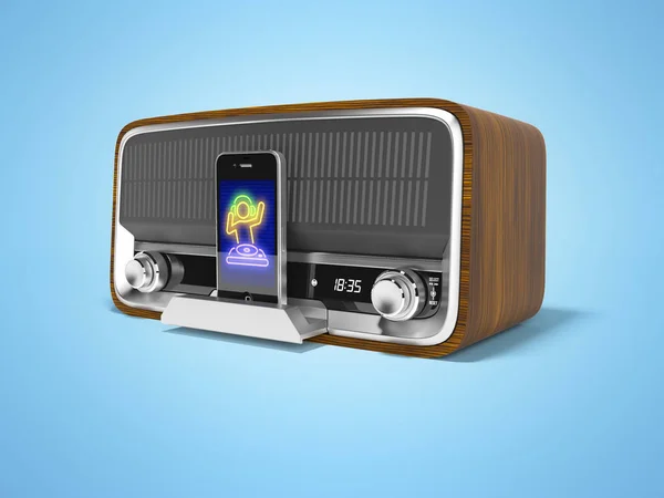 Concept classic portable speaker for listening to music from smartphone 3d render illustration on blue background with shadow