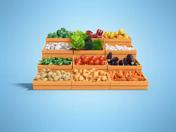 Zestaw warzyw na sprzedaż w drewnianych pudełkach 3D renderowania ilustracji na niebieskim tle z cienia — Zdjęcie stockowe