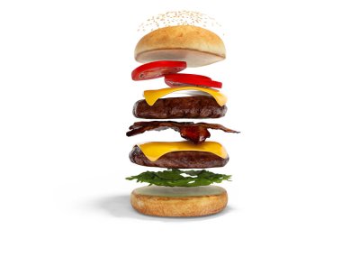 Katmanlar 3d render illüstrasyon o hamburger oluşturma kavramı