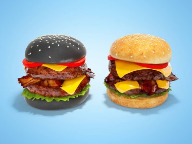 Gölge ile mavi arka plan üzerinde siyah ve beyaz burger 3d render illüstrasyon