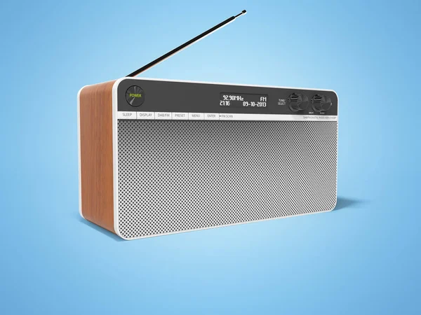 Classic radio with big speaker and wooden inserts 3d render illustration on blue background with shadow