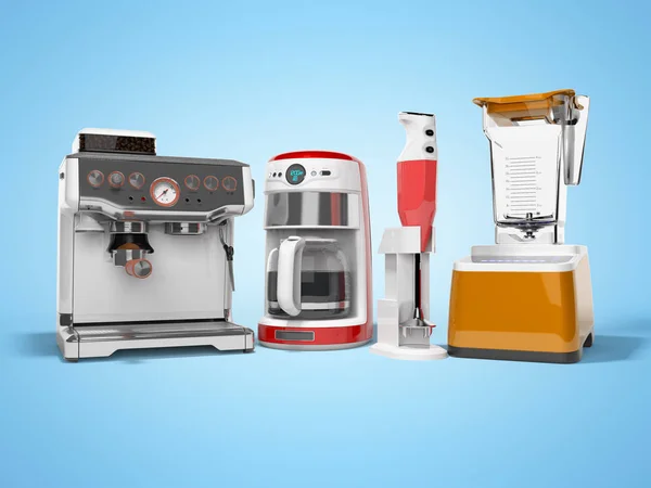 Concept groep huishoudelijke apparaten voor de keuken rozhkovy koffiemachine koffiezetapparaat Blender 3D renderen illustratie op blauwe achtergrond met schaduw — Stockfoto
