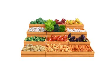 Ahşap kutularda satılık sebze Seti 3d render illustratio
