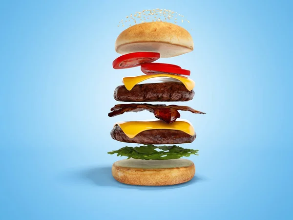 Gölge ile mavi arka plan üzerinde katmanlar 3d render illüstrasyon hamburger oluşturma kavramı