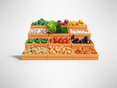 Ahşap kutularda satılık sebze Seti 3d render illustratio