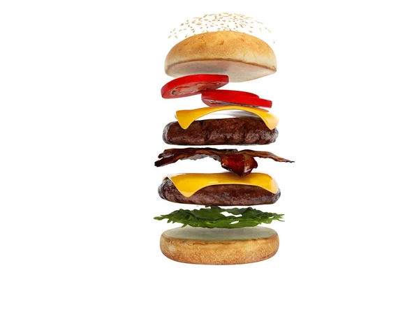 Concept of creating hamburger in layers 3d render illustration o — Stock Photo, Image