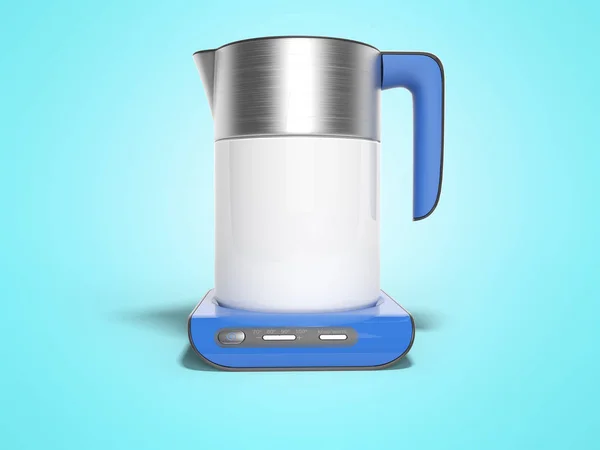青いスタンドにコンセプト電気ポットと沸騰水3Dレンダリングイラストのボタンと影と青い背景 — ストック写真