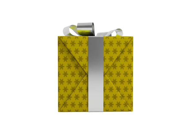 Geschenk im Karton in gelbem Papier mit silbernen Bändern Vorderseite 3d re — Stockfoto