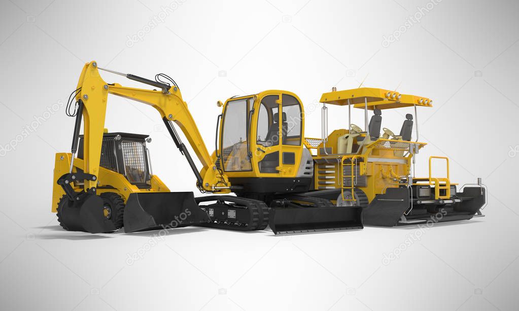 Yellow group of heavy machinery excavator mini paver loader 3d i
