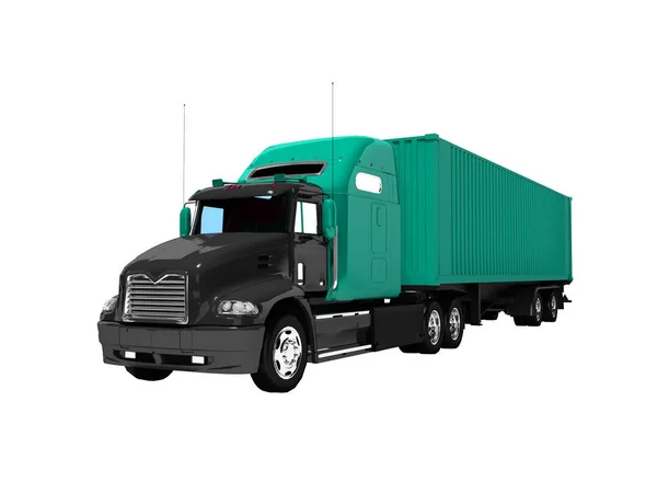 Black truck with green trailer for long trips abroad 3d render o — Stock Photo, Image