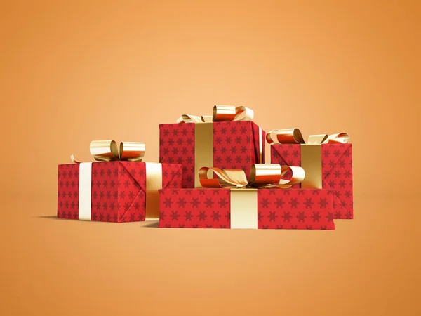 Gruppe von Geschenken in Schachtel in rotem Papier mit Schneeflocken mit goldenem r — Stockfoto