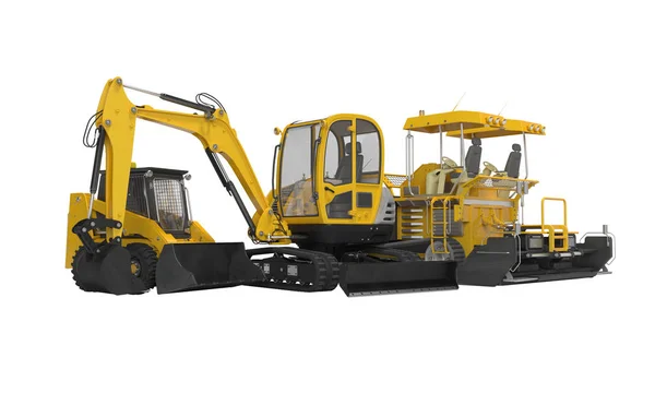 Yellow group of heavy machinery excavator mini paver loader 3d i — Stock Photo, Image